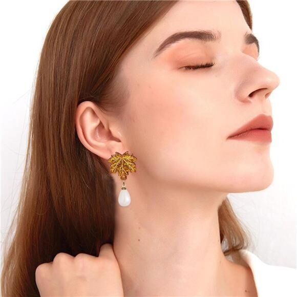 Fall Maple Leaf Earrings | Sparkly Orange Red Dangle Drops - Picture 2 of 5